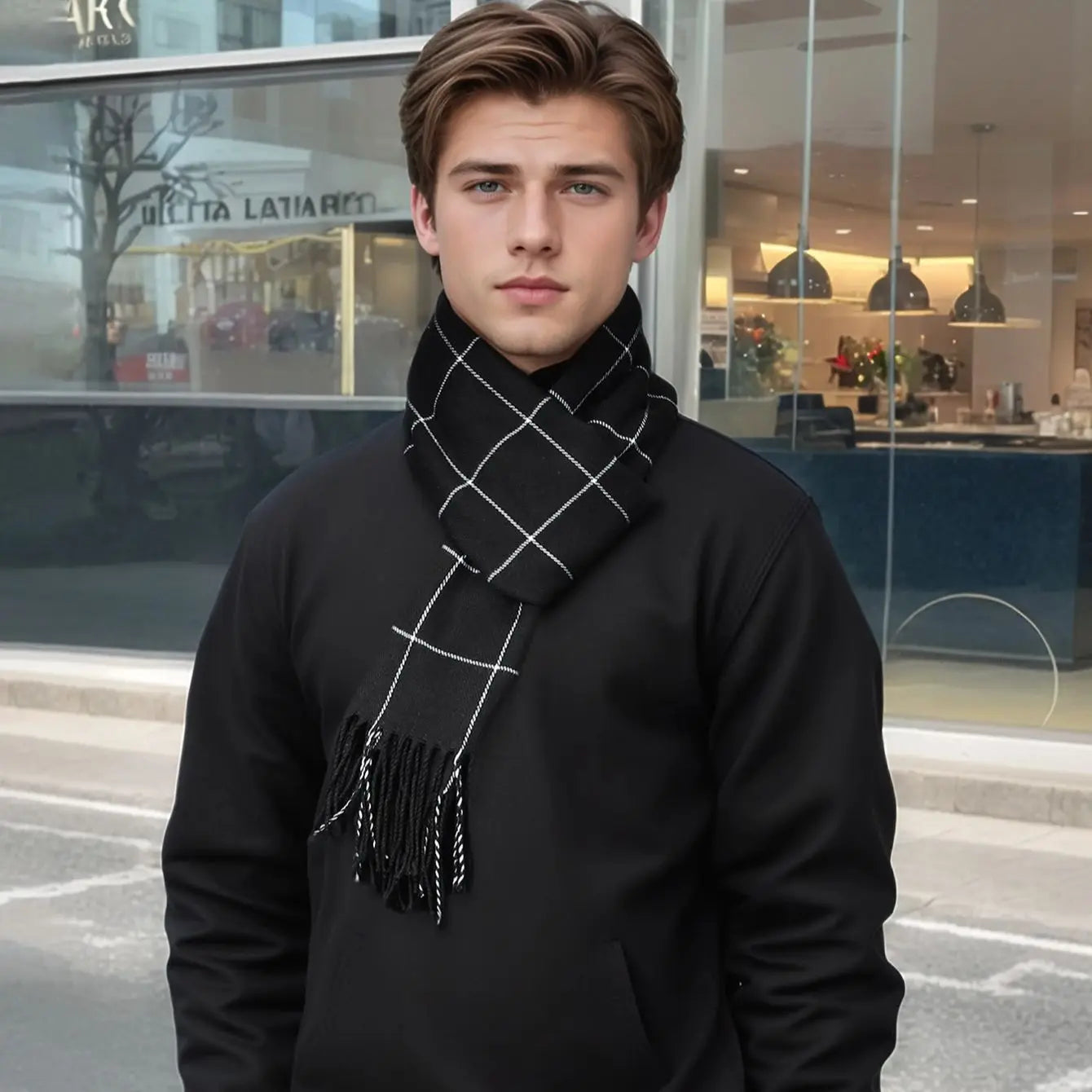 Luxury Plaid Cashmere Winter Scarf for Men