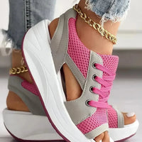Contrast Paneled Cutout Lace-up Muffin Sandals
