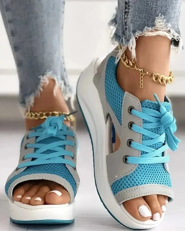 Contrast Paneled Cutout Lace-up Muffin Sandals