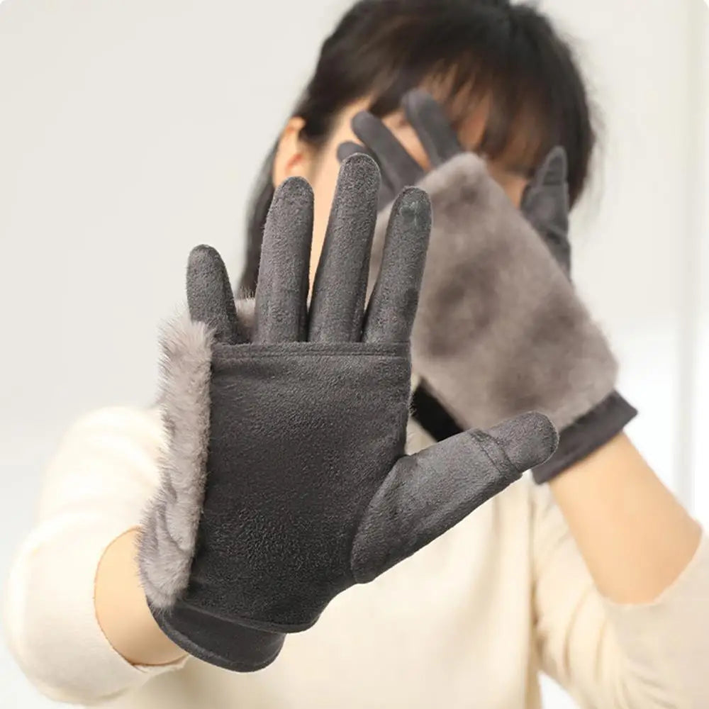 Suede Rabbit Fur Touch Screen Winter Gloves