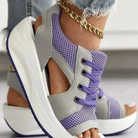 Contrast Paneled Cutout Lace-up Muffin Sandals