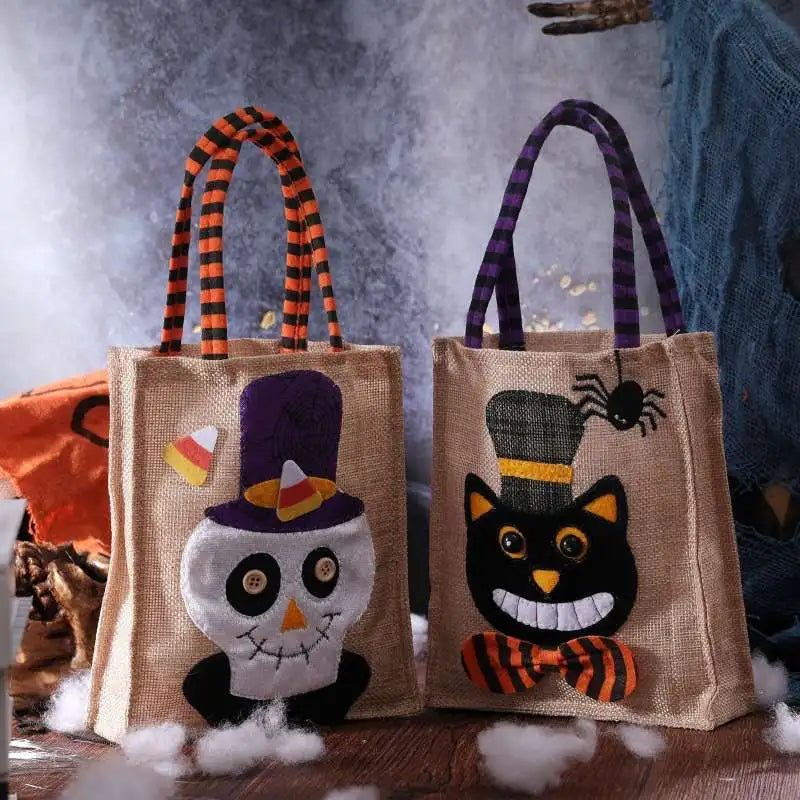 Halloween Treat Bag with Pumpkin Cat Witch and Skull Design