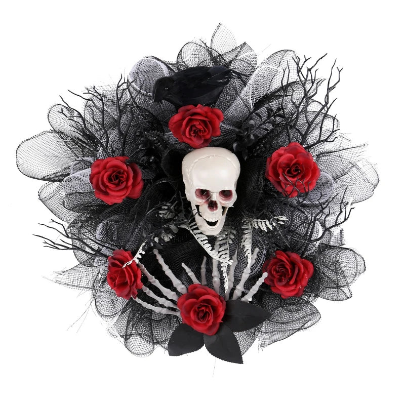Halloween Garland Red Rose Skull Front Door Wreath