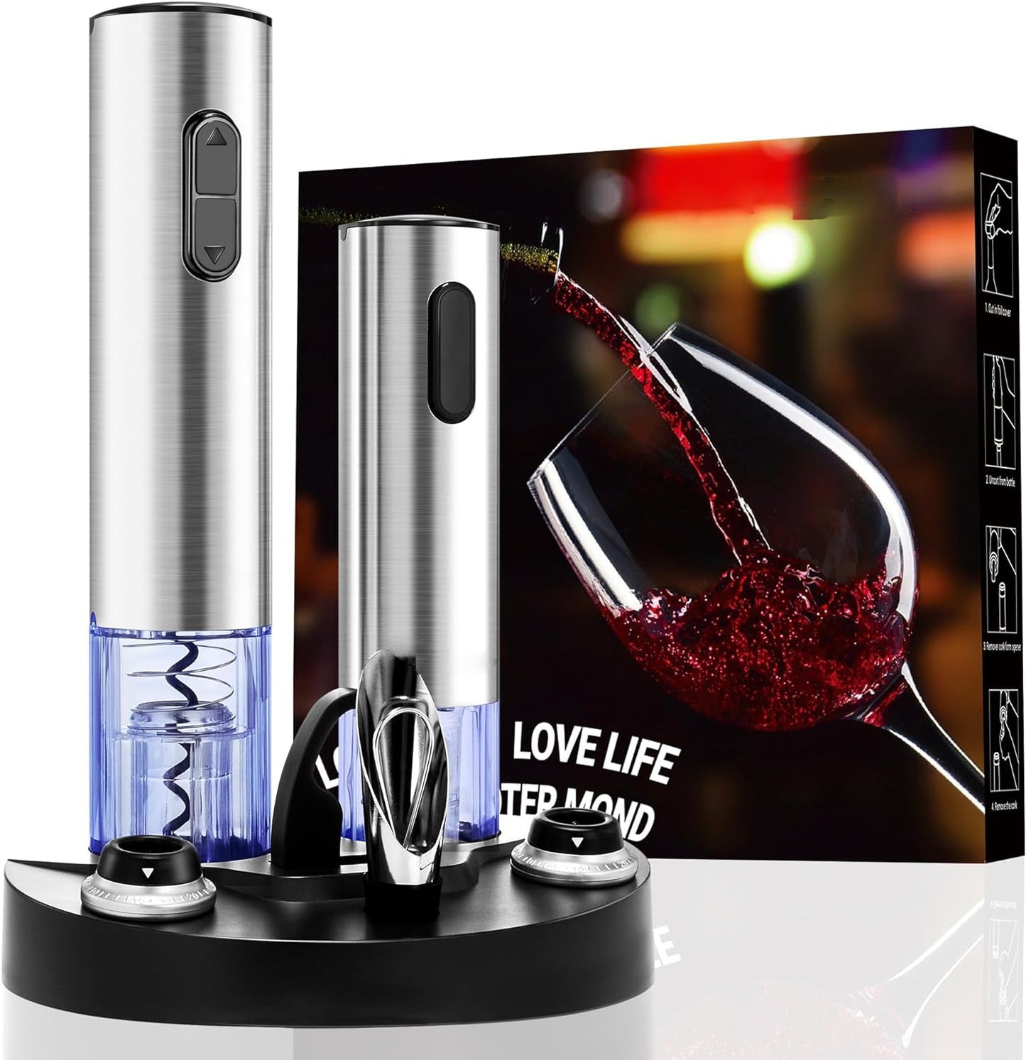 Electric Wine Bottle Opener Set with Vacuum Preserver, Automatic Corkscrew, Foil Cutter, Charging Base, Up to 30 Bottles per Charge