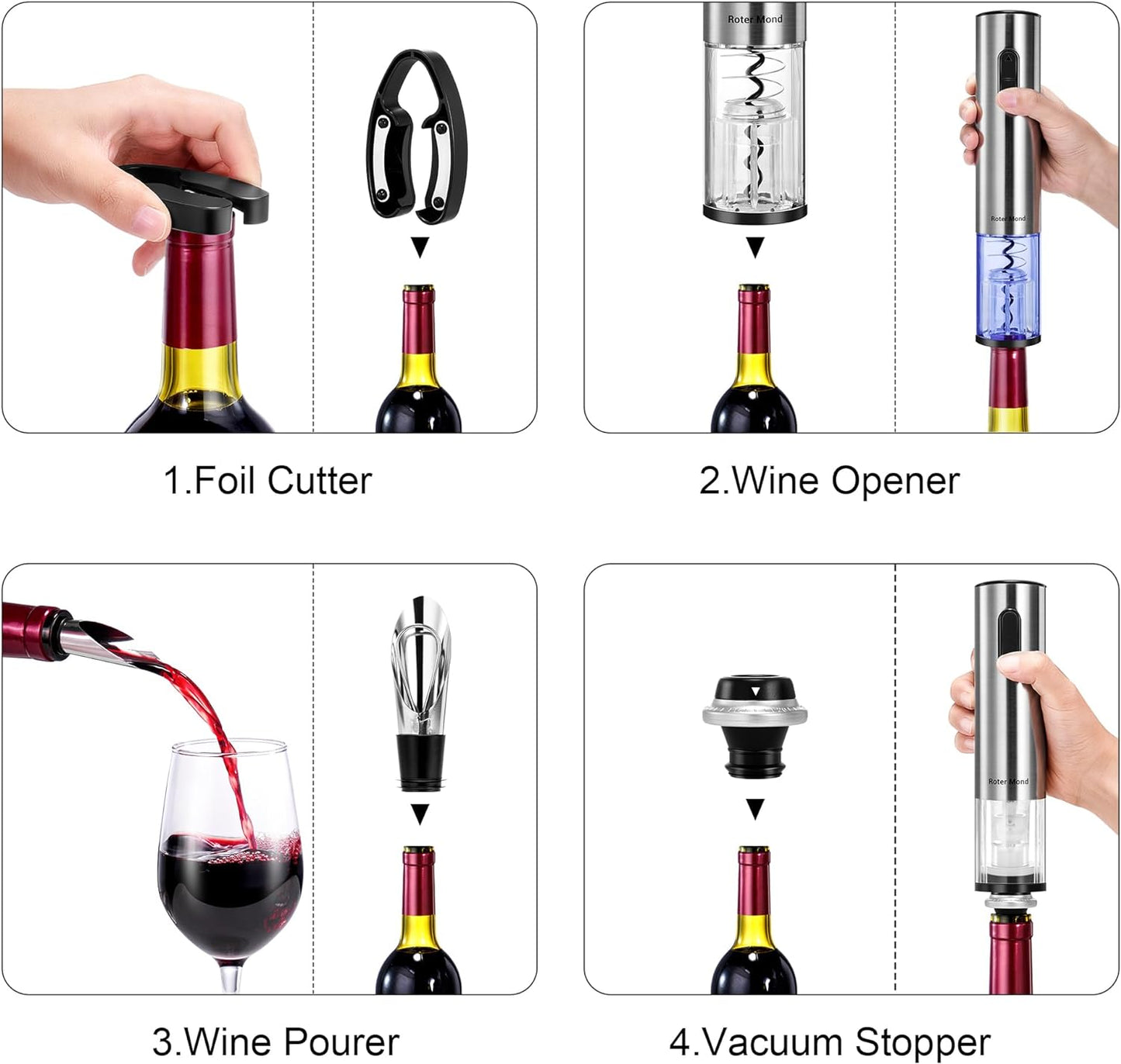 Electric Wine Bottle Opener Set with Vacuum Preserver, Automatic Corkscrew, Foil Cutter, Charging Base, Up to 30 Bottles per Charge