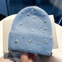 Pearl Accent Knit Beanie Winter Hat