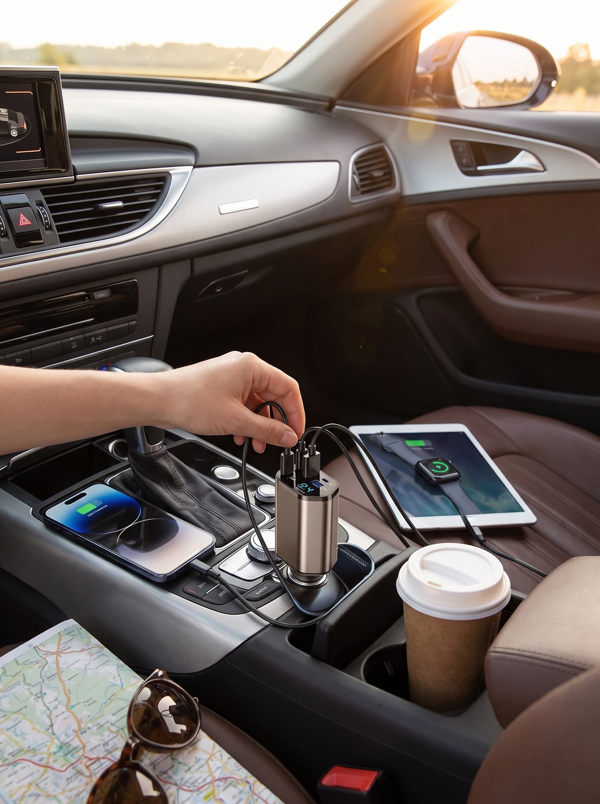 120W Retractable Car Charger, Four Devices At Once