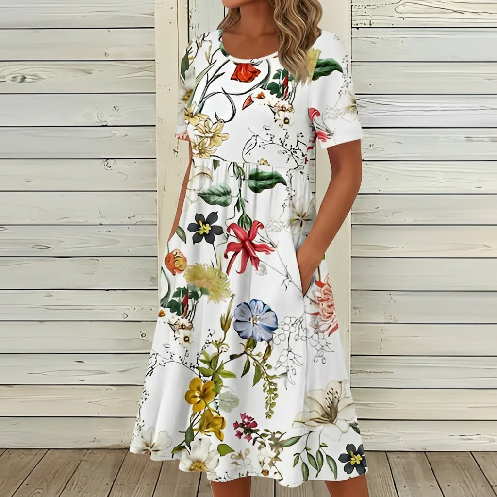 Stylish white dress with floral pattern