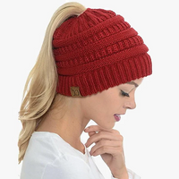 Ponytail Beanie Messy Bun Women's Beanie Solid Ribbed Hat Cap