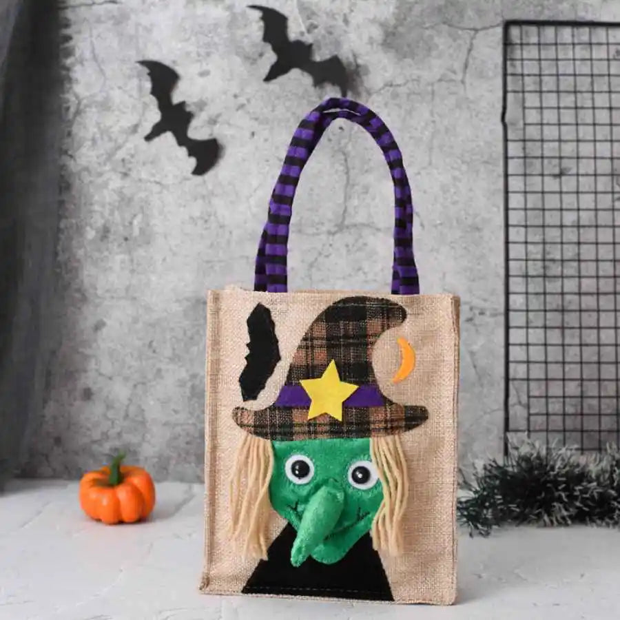 Halloween Treat Bag with Pumpkin Cat Witch and Skull Design